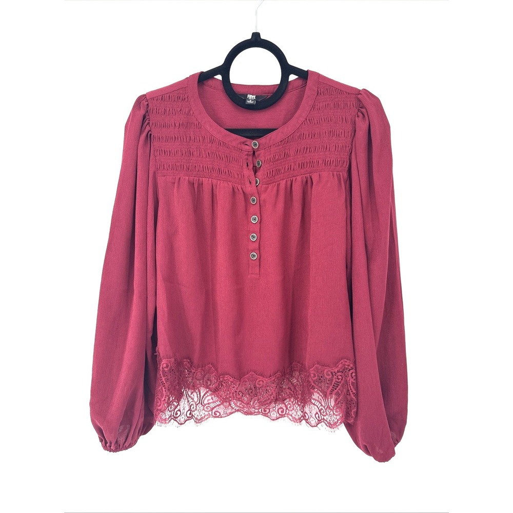 FRYE Boho Peasant Top Small Cranberry Red Lace Trim Balloon Sleeves